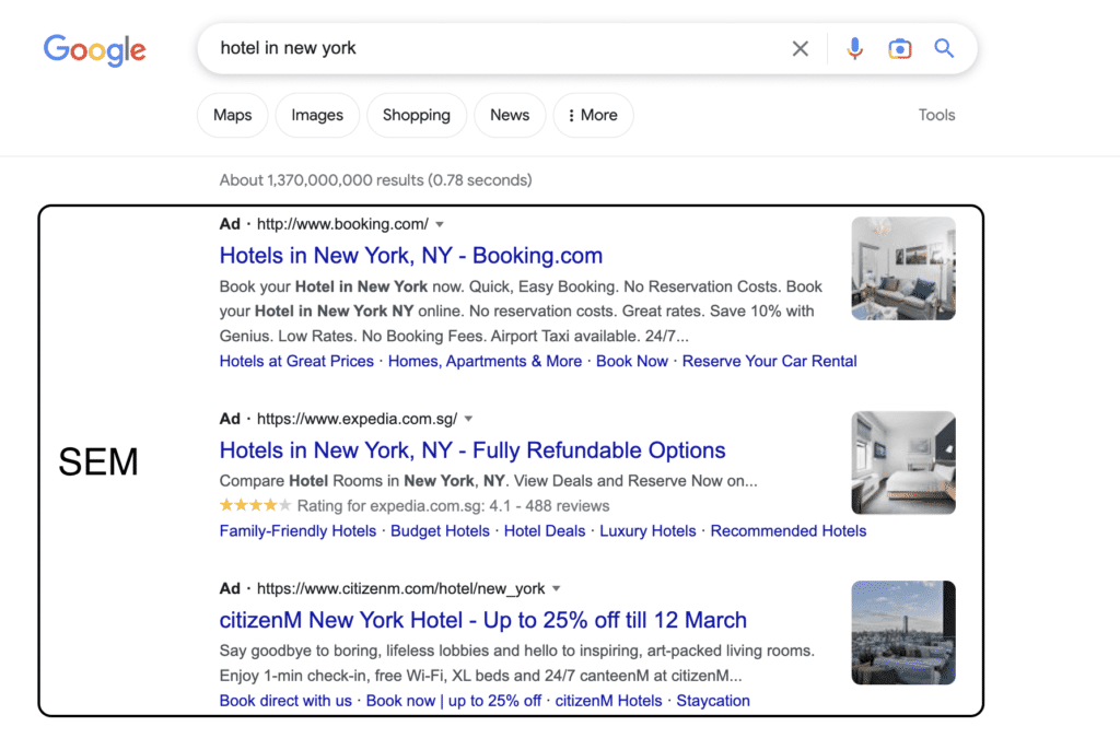SEM In Google Search Result Page SERP